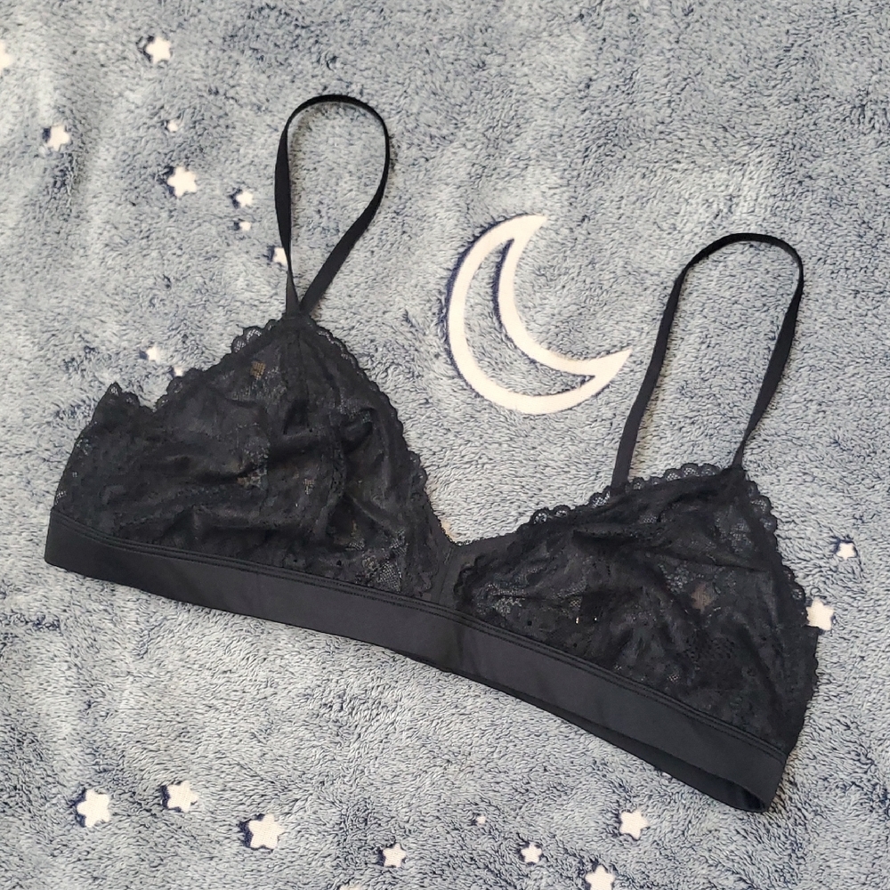 XL Savage X Fenty Black Sheer Lace Mesh Satin Triangle Bralette Romantic Goth